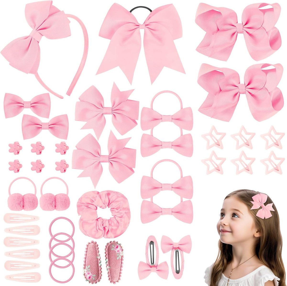 SnelShoppen - 77-delige Roze Meisjes Haaraccessoires Set - Haarstrikken, Elastische Haarbanden, Haarspeldjes, Cheer Bows, Ponytail Holders - Perfect v