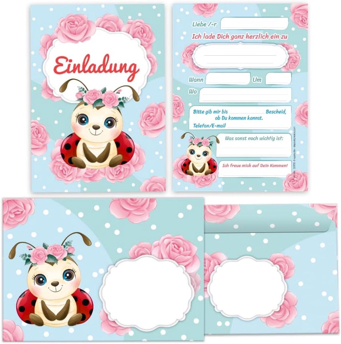 SnelShoppen - 12 Uitnodigingen voor Verjaardag Meisje - Lieveheersbeestje - Inclusief 12 Enveloppen - Kinderen - Feest - 10.5x14.8 cm - Zelfklevend
