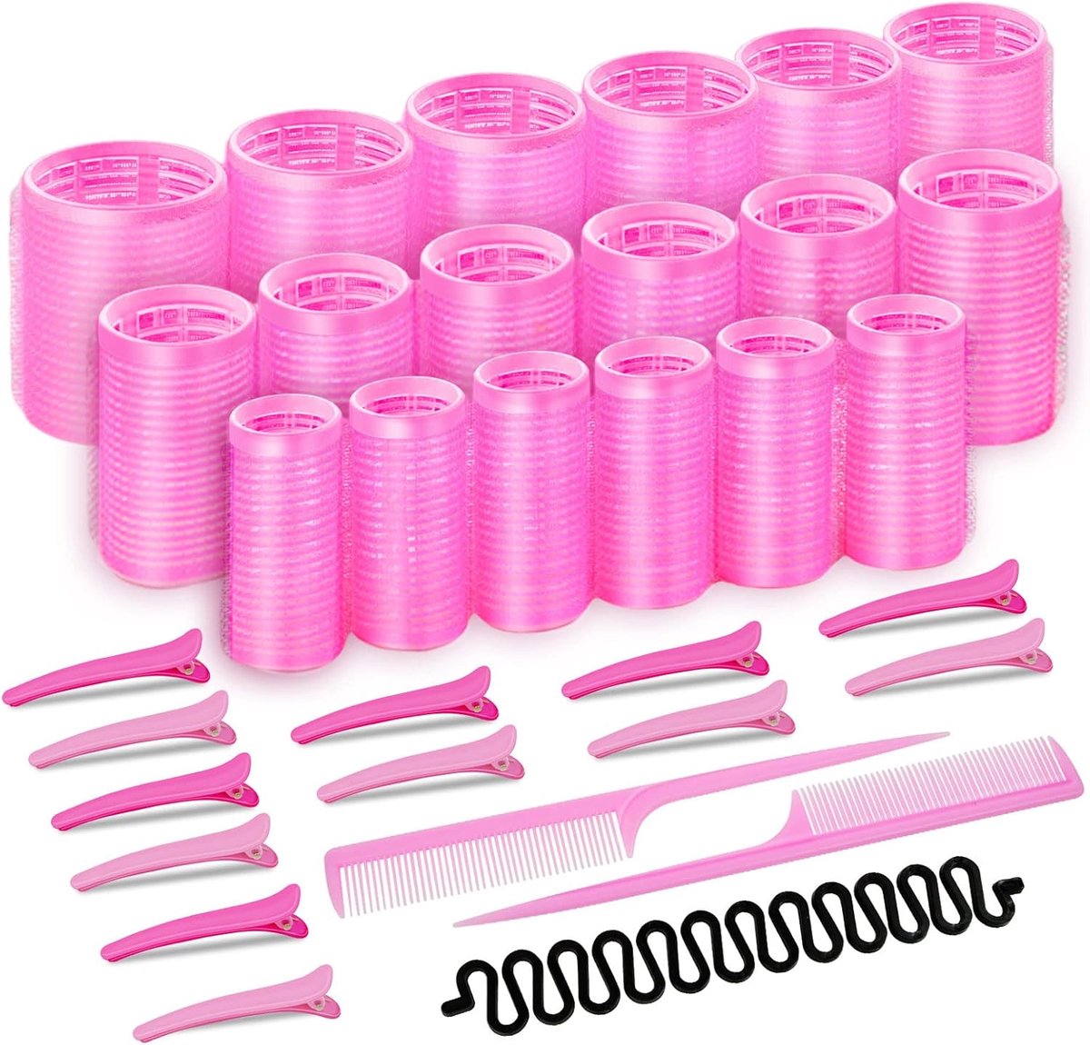 Thijox - 33 Stuks Krulspelden Grote Krullen Set Roze Haarrollers Zelfklevend Zonder Warmte voor Lang Middellang Haar 44 mm, 36 mm, 25 mm met 12 Nietje