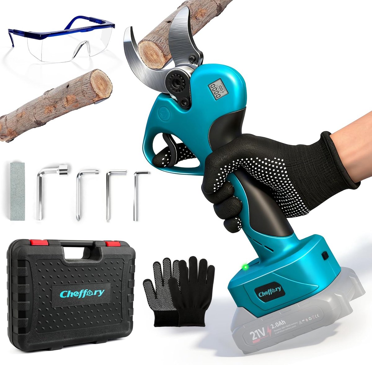 SnelShoppen - Professionele Snoeischaar Elektrisch, Max Opening 60 mm, SK5 Stalen Bladen, 800 W Borstelloze Motor, LCD Display, Accu Snoeischaar voor