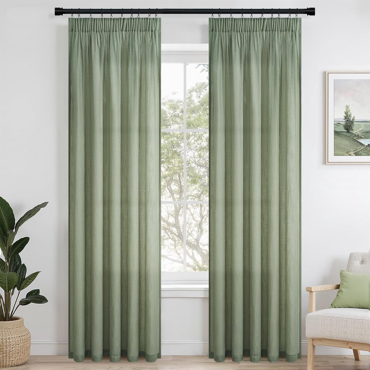 SnelShoppen - Lichte Linnen Gordijnen Set van 2 - Saliegroen Rimpel Voile Semi-Transparant 140 x 225 cm - Ideaal voor Woonkamer, Slaapkamer, Kinderkam