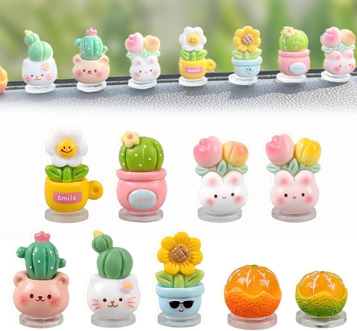 SnelShoppen - Pack van 9 Leuke Auto Accessoires Gadget - Charmante Bloempot Decoratie voor Auto, Aesthetisch Aantrekkelijke Hars Mini Figuren, Schatti