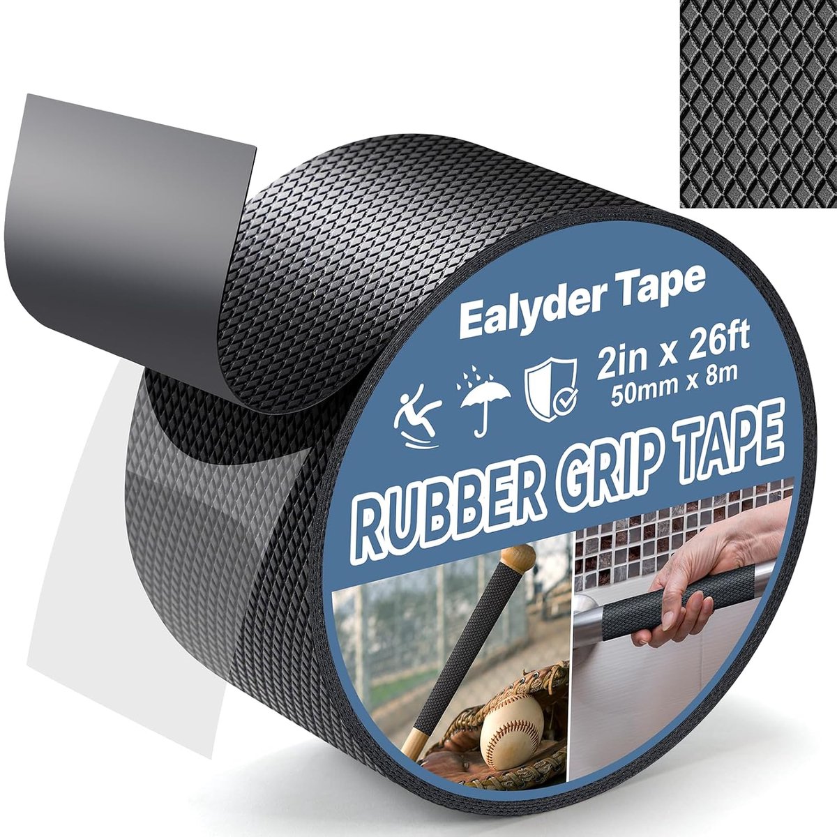 SnelShoppen - Rubber Grip Tape 50 mm x 8 m - Zelfklevend Waterdicht Antislip Tape met Textuur voor Gereedschap, Sportuitrusting en Handgrepen, Zwart