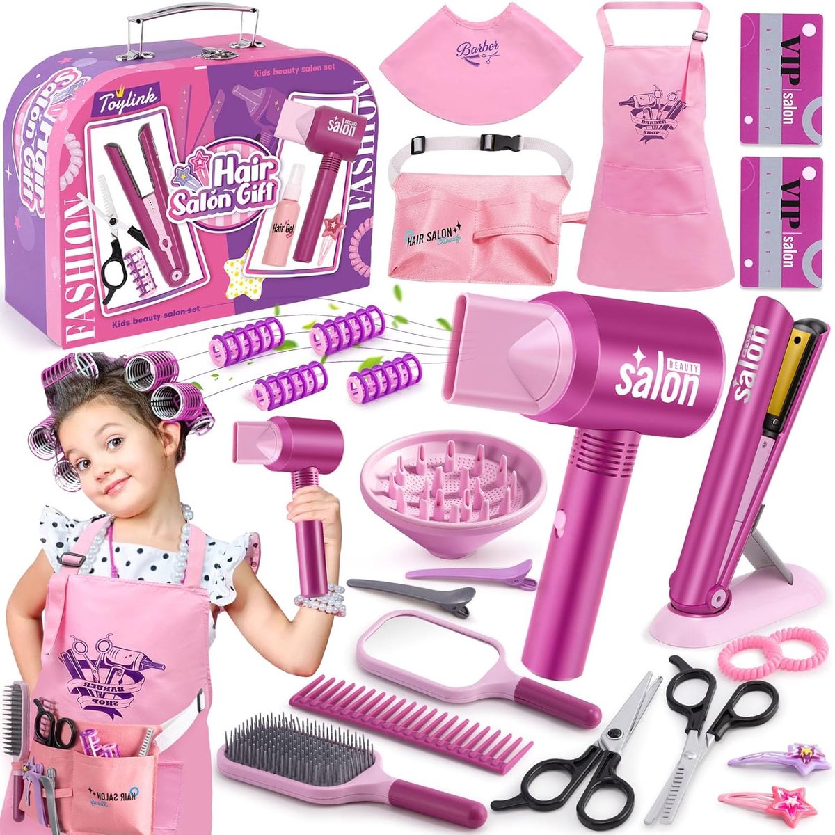 SnelShoppen - Complete Haarverzorgingsset voor Kinderen met Föhn, Steilijzer, Kam, Spiegel, Schort, Kappersaccessoires en Make-up voor Meisjes van 3 t