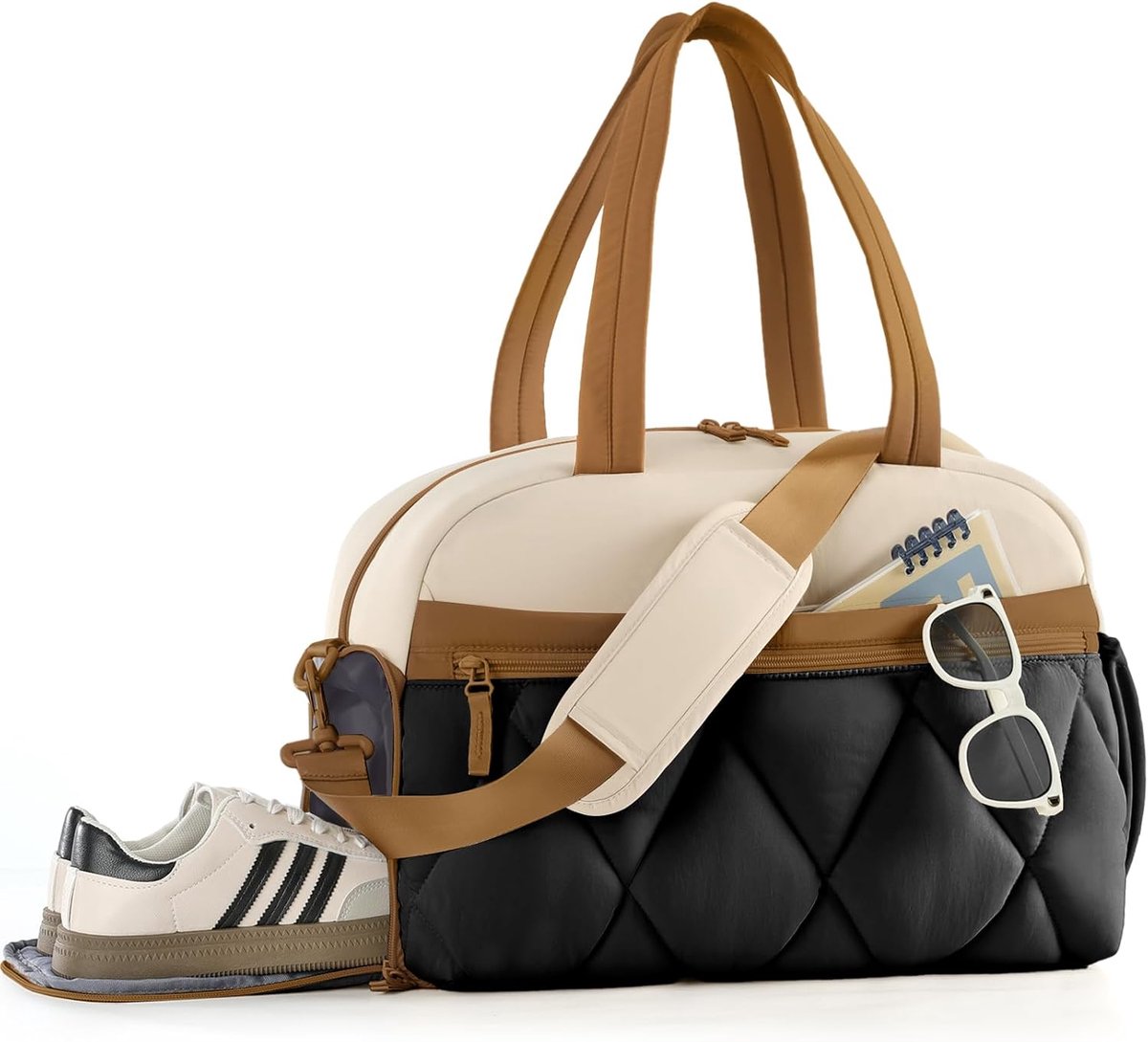 SnelShoppen - Lichte Puffer Reistas voor Dames met Schoenenvak, Weekendtas, Handbagage, Gymtas, Ziekenhuistas, Beige met Bruin, Ideaal voor Reizen, Vl