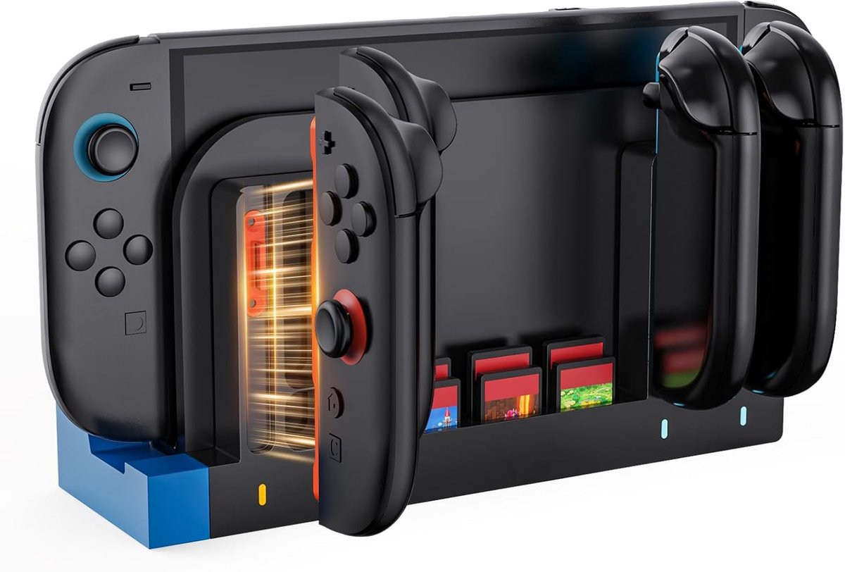 SnelShoppen - Switch 2 JoyCon Oplaadstation voor 4 Controllers, Inclusief Oplaadindicator en Opbergruimte voor 6 Gamecards, Perfect voor Gamers en Fee