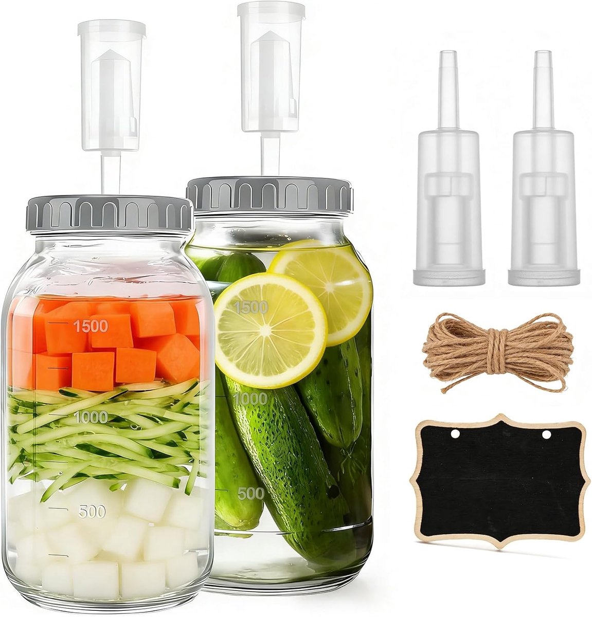 SnelShoppen - Set van 2 L 2 Litre Fermentatieglas met Glazen Luchtklep voor Kimchi, Sauerkraut, Zuurdesem en Inleggen - Ideaal voor Keuken en Tuin