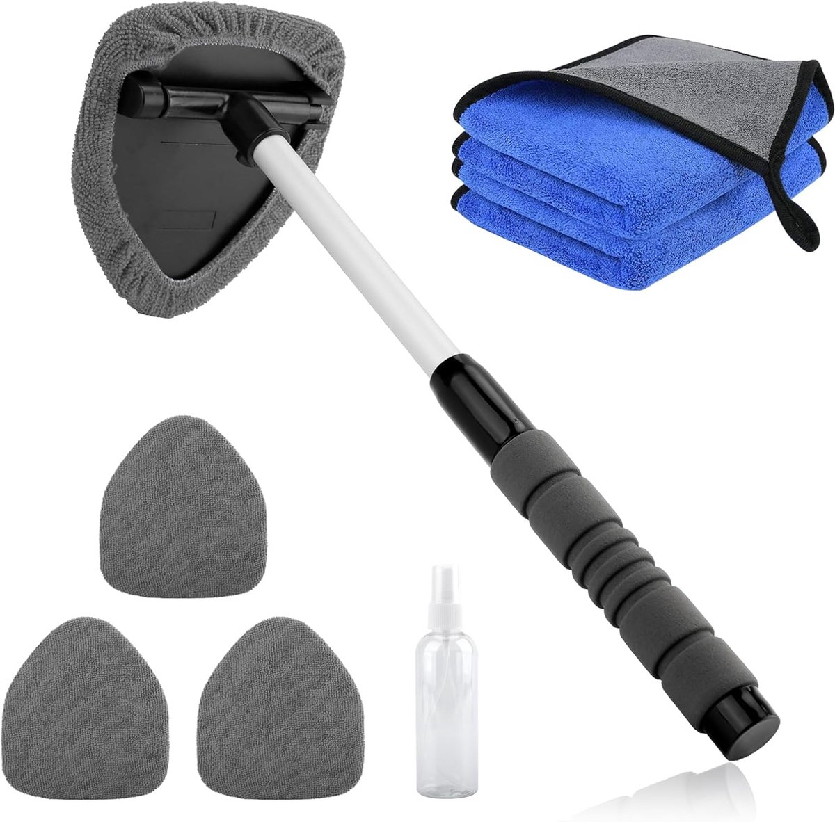 SnelShoppen - Car Window Cleaner Interieurreiniger - Ruitreiniger met 4 Microvezel Pads, 1 Microvezeldoek, 1 Sprayfles, Uittrekbare Ruitenreiniger voo