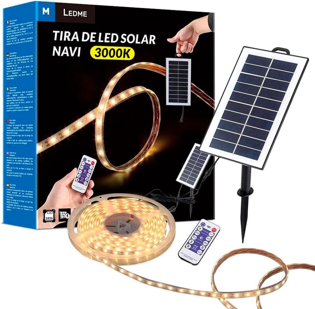 SnelShoppen - Outdoor LED Strip 5m met Afstandsbediening - IP68 Waterdicht - 300 Warm Witte LEDs - Zonnepaneel Installatiekit voor Tuin, Terras, Feest