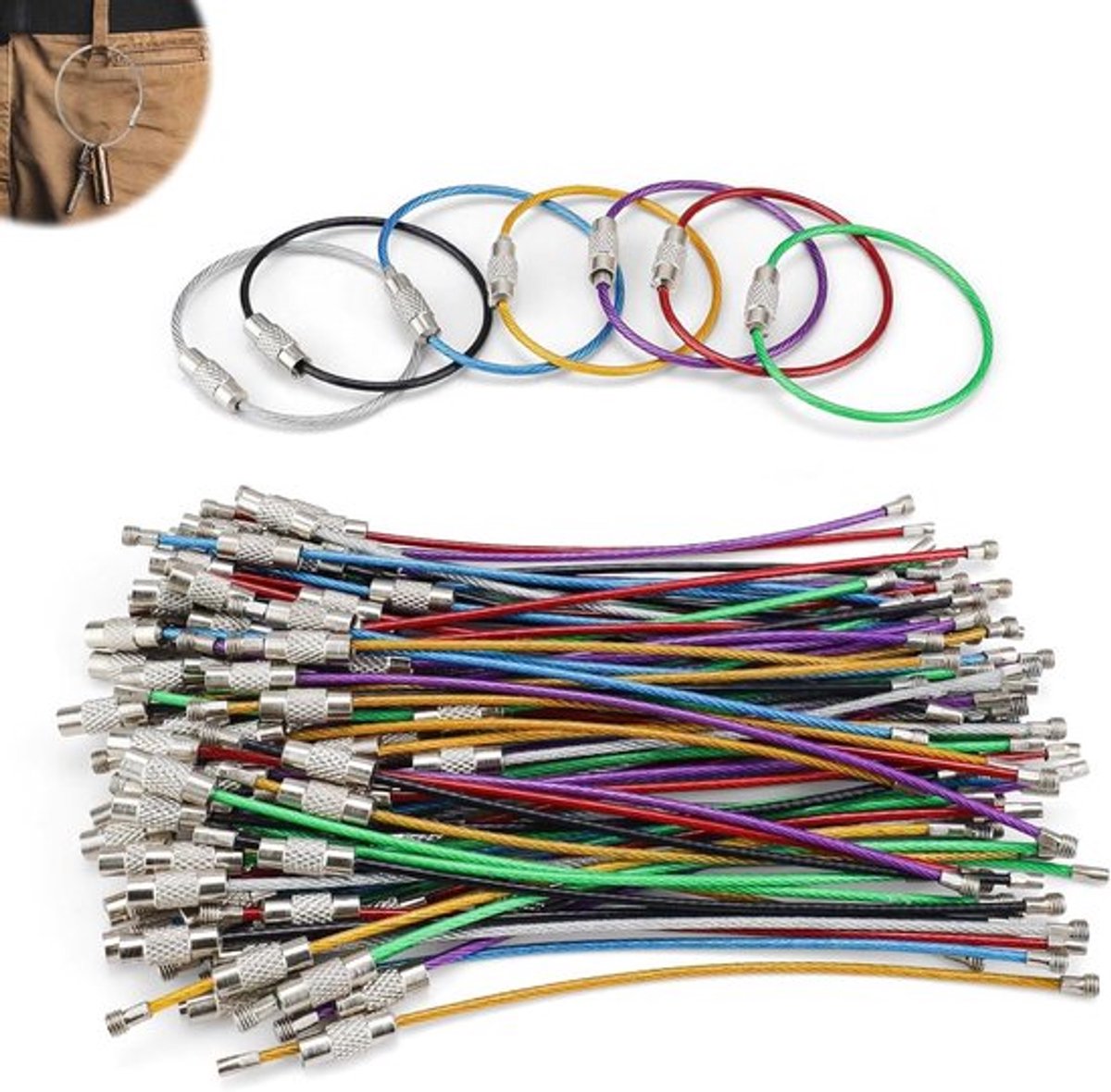105 Stuks Sleutelringen - Assortiment van 7 Kleuren - Roestvrij Staal - Verstelbaar - Gemakkelijk te Dragen - Met Schroefdraadaansluiting - Geschikt voor Sleutels, Clips en Meer.
