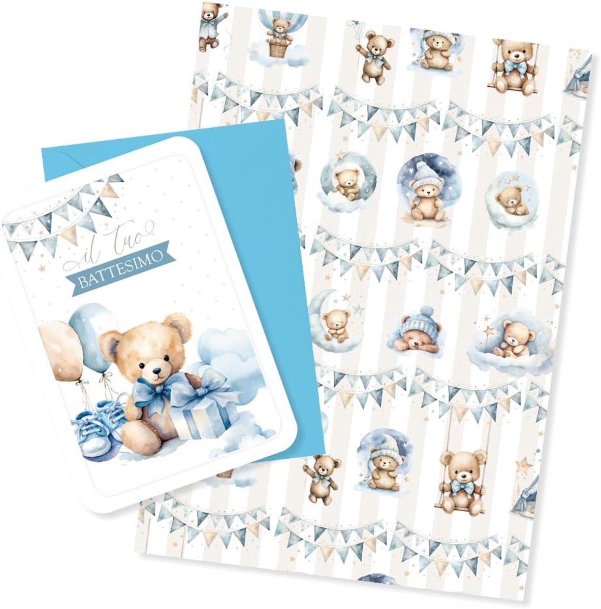 SnelShoppen - Creatieve Set voor Doop - Blauw Beren Design - Wenskaart 16x12 cm en Cadeaupapier 100x70 cm - Feestelijke Versiering voor Kinderen