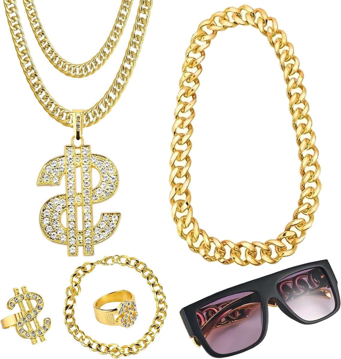 Hip Hop Rapper Kostuum voor Mannen en Vrouwen, 6-delige Set met 80s en 90s Outfit, Inclusief Gouden Ketting, Zonnebril en Dollar Ring voor Halloween en Carnaval