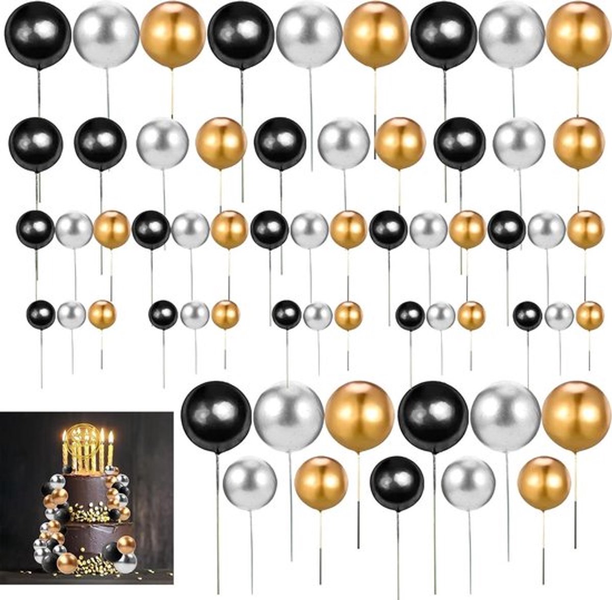 Taartdecoratieballen set - Schuimballen cupcaketopper, DIY taarttopper - 60 stuks in 3 kleuren en 4 maten - Voor verjaardagshuwelijksbenodigdheden
