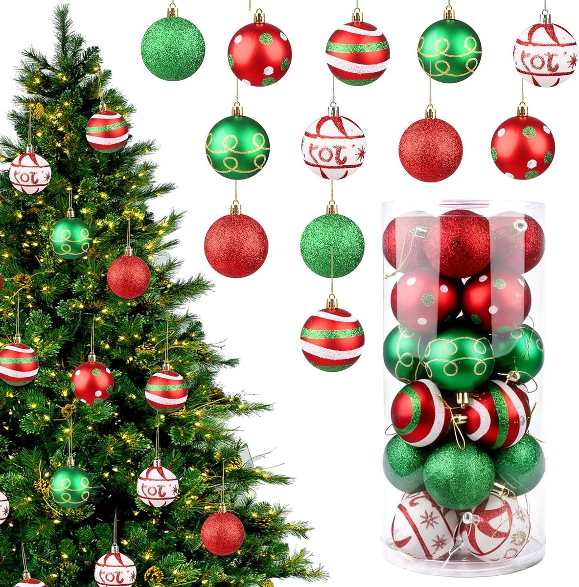Kerstballen Set van 24 Stuks - 6 cm Rode en Groene Versieringen, Schokbestendig en Hangend Decoratie