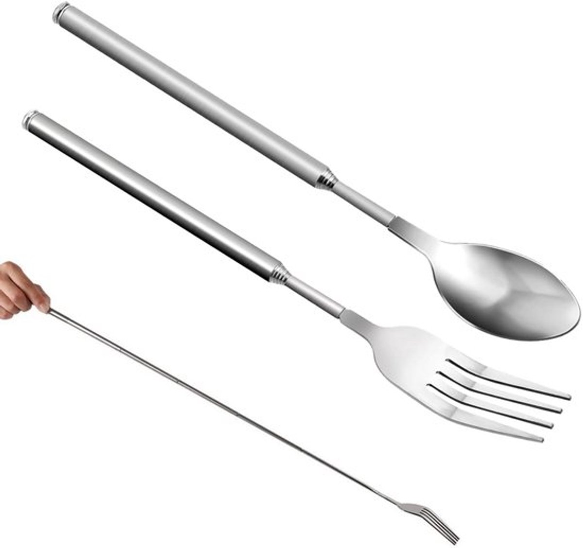 Telescopische Vork en Lepel Set - Intrekbare Lepel 63 cm - Vork 64 cm - Roestvrij Staal - Duurzaam - Compact Ontwerp - Grillgerei