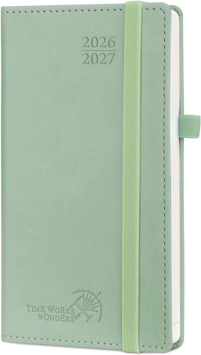 SnelShoppen - Pocket Agenda 2026 2027 - Weekly Planner 17 Maanden - 16.5 x 9 cm - Harde PU Leather Cover - Groen Grijs - Kleine Schoolplanner met Uuri