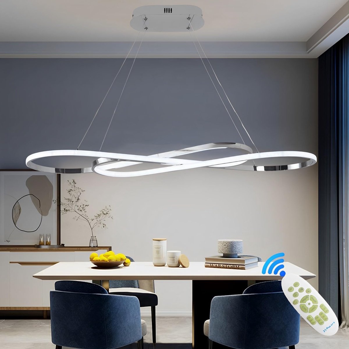 SnelShoppen - 57 W dimbare led-hanglamp, dubbel figuur met afstandsbediening, in hoogte verstelbare design hanglamp voor woonkamer, eetkamer, keuken,