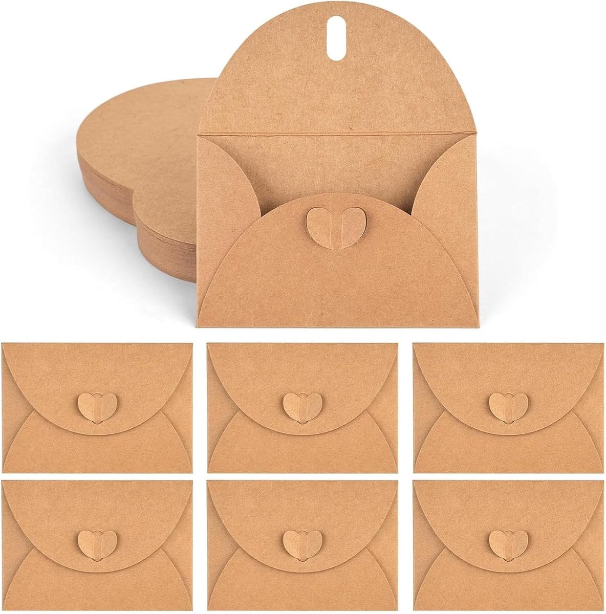 SnelShoppen - 100 Stuks Kleine Kraft Papier Enveloppen, Mini Hart Enveloppen met Hartsluiting, Perfect voor Kerst, Valentijnsdag, Cadeaukaarten