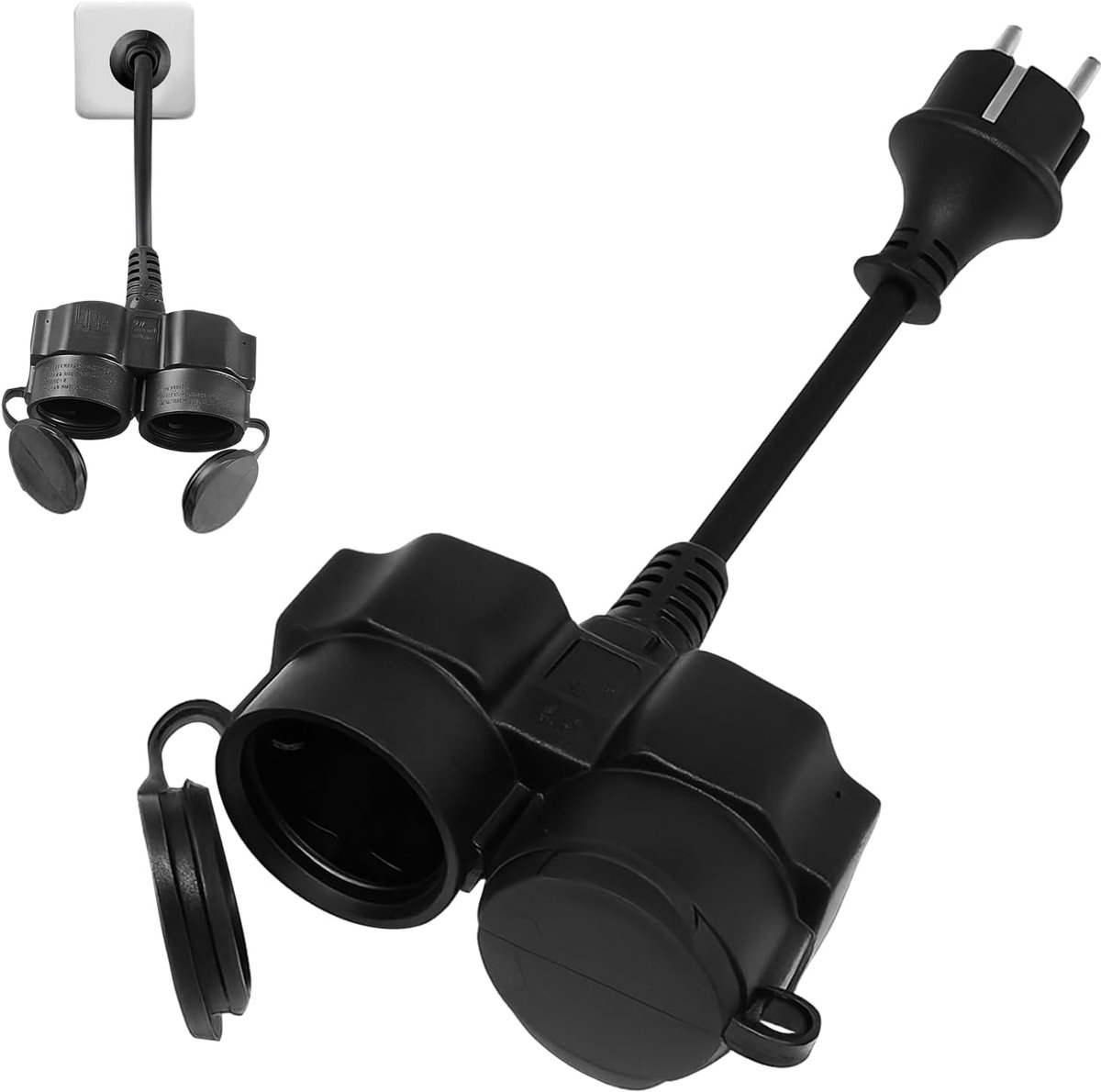 SnelShoppen - Double Socket Wandcontactdoos met 30 cm Verlengsnoer, IP44 Spatwaterdicht, Stekkeradapter 3500 W, 16 A, 250 V voor Tuin en Keuken