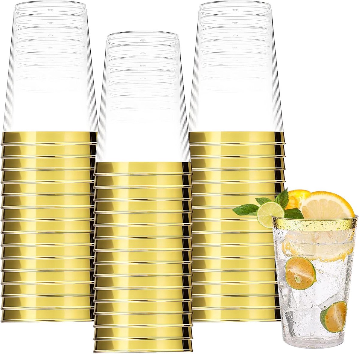 SnelShoppen - 60 Stuks 300ml Herbruikbare Plastic Party Cups met Gouden Rand - Ideaal voor Feesten, Bruiloften, Verjaardagen, Cocktails en Drankjes