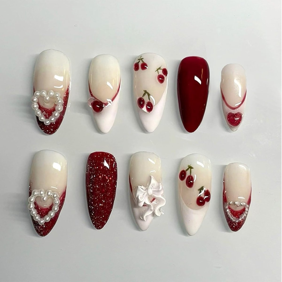 SnelShoppen - Set van 24 Handgemaakte Press-On Nagels met Kersen Design, Glanzende Vierkante Nepnagels, Inclusief Nagellijm voor Feest en Dagelijks Ge