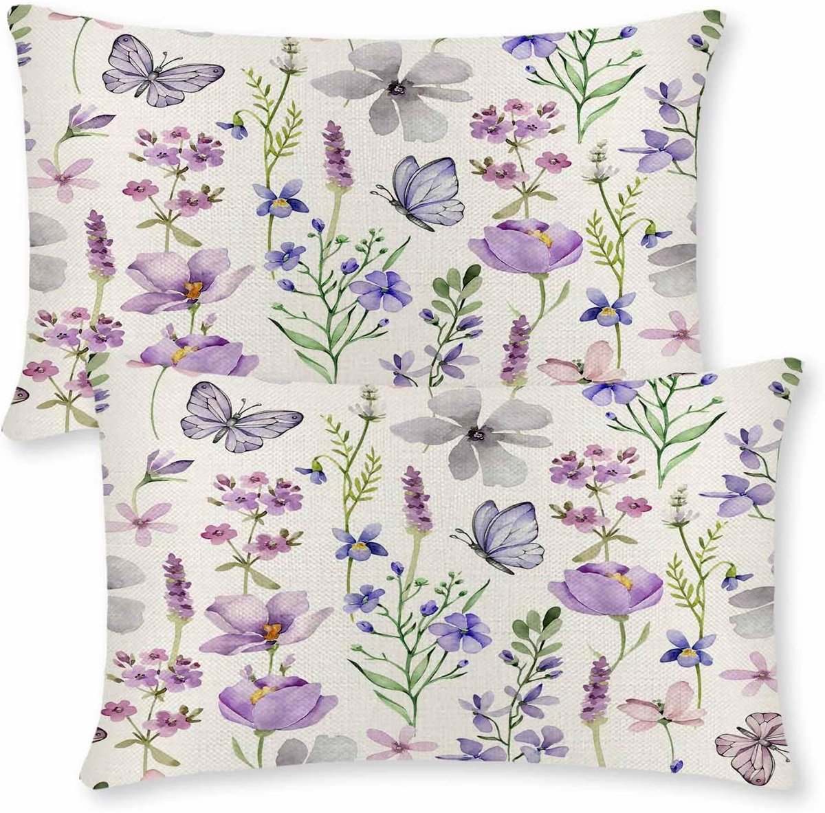 SnelShoppen - Decoratieve Hoofdkussenhoes 30 x 50 cm, Lente Bloemen, Paarse en Grijze Kleuren, Buiten en Binnen, Polyester, Tuin en Sofa Kussen, Met V