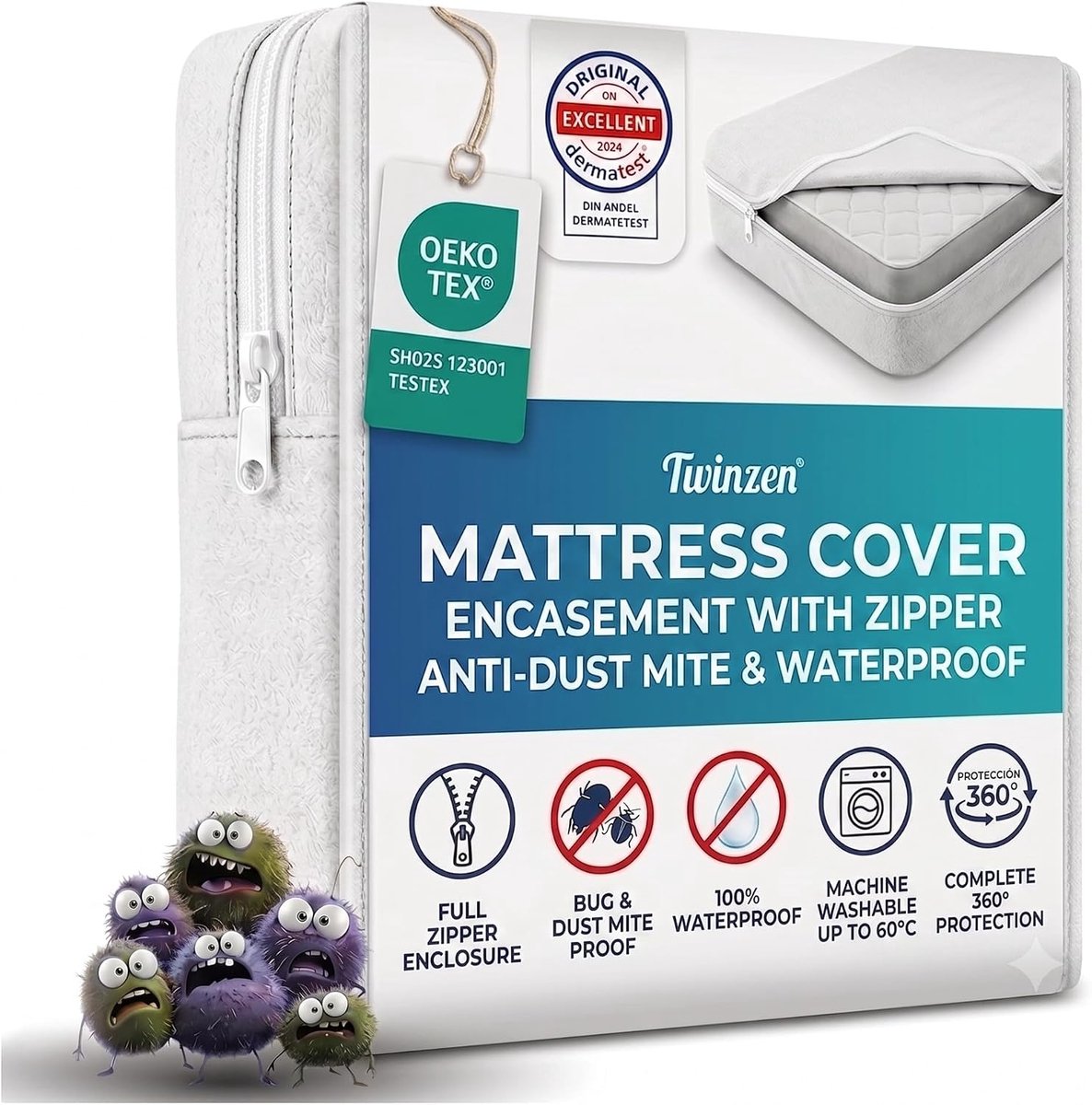SnelShoppen - Matraskap 100x200x20 cm - Anti-bug en anti-huisstofmijt - Waterdichte en ademende matrasbeschermer met rits - Bi-Ome en Oeko-Tex gecerti