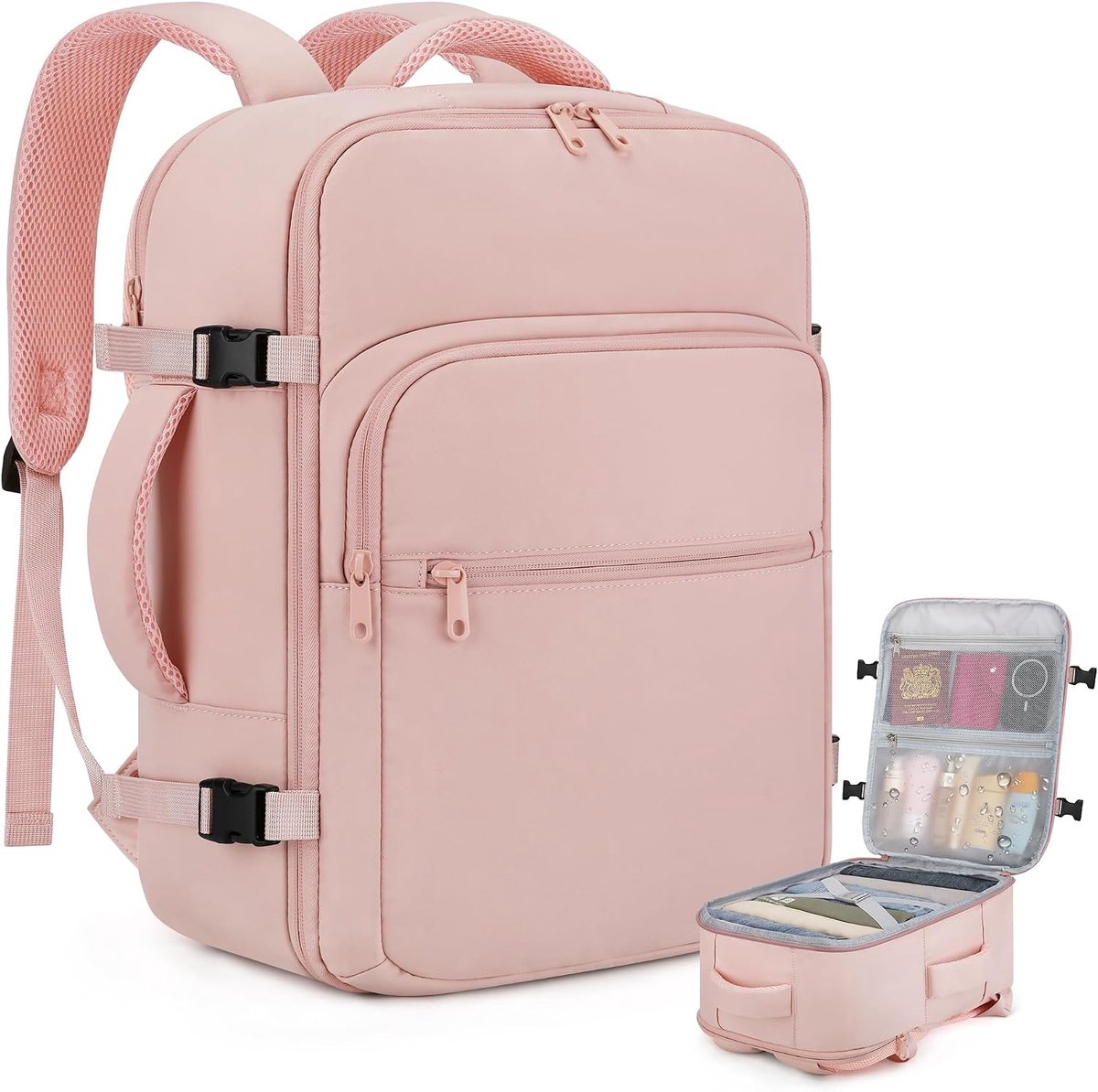 SnelShoppen - Waterproof Ladies Travel Backpack, Ryanair Cabin Bag 40x30x20, Onder de Zitplaats, Geschikt voor Wizz Air en EasyJet, Roze Weekend Reisr