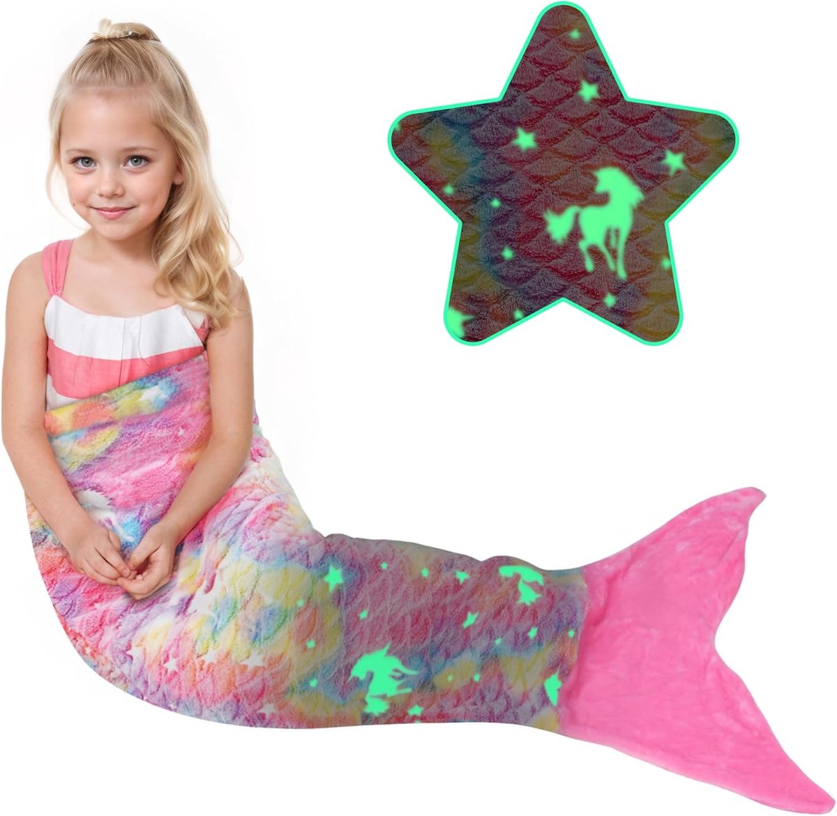 SnelShoppen - Classy Mermaid Fin voor Meisjes, 140 150 cm, Lichtroze, Eenhoorn Design, Kleurveranderende Deken, Kinderen, Volwassenen, Slaapzak, Cadea