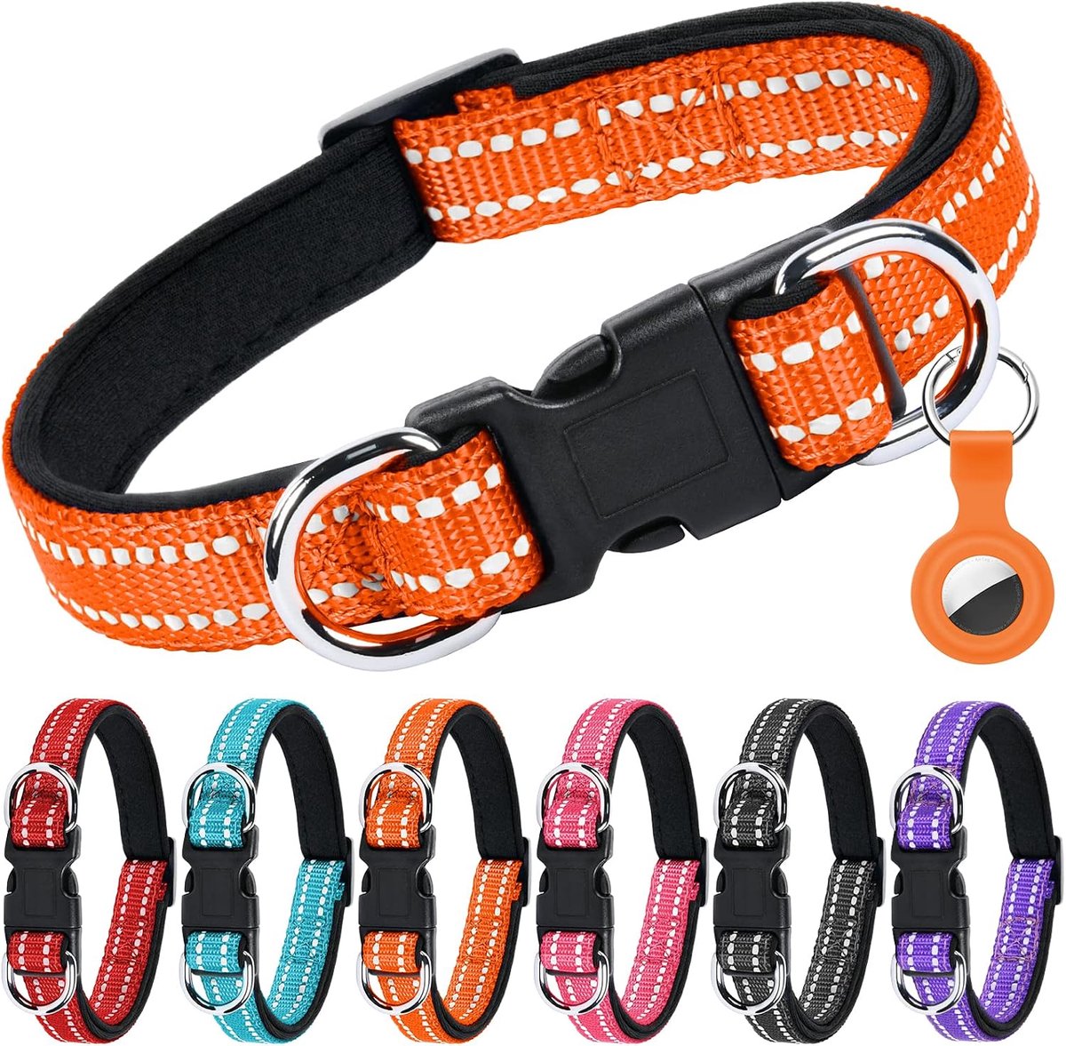 SnelShoppen - Reflecterende Nylon Hondenhalsband - Dubbele Beveiliging, Verstelbare Klassieke Pet Collars met Neopreen Pad, AirTag Cover, Snelle Ontgr