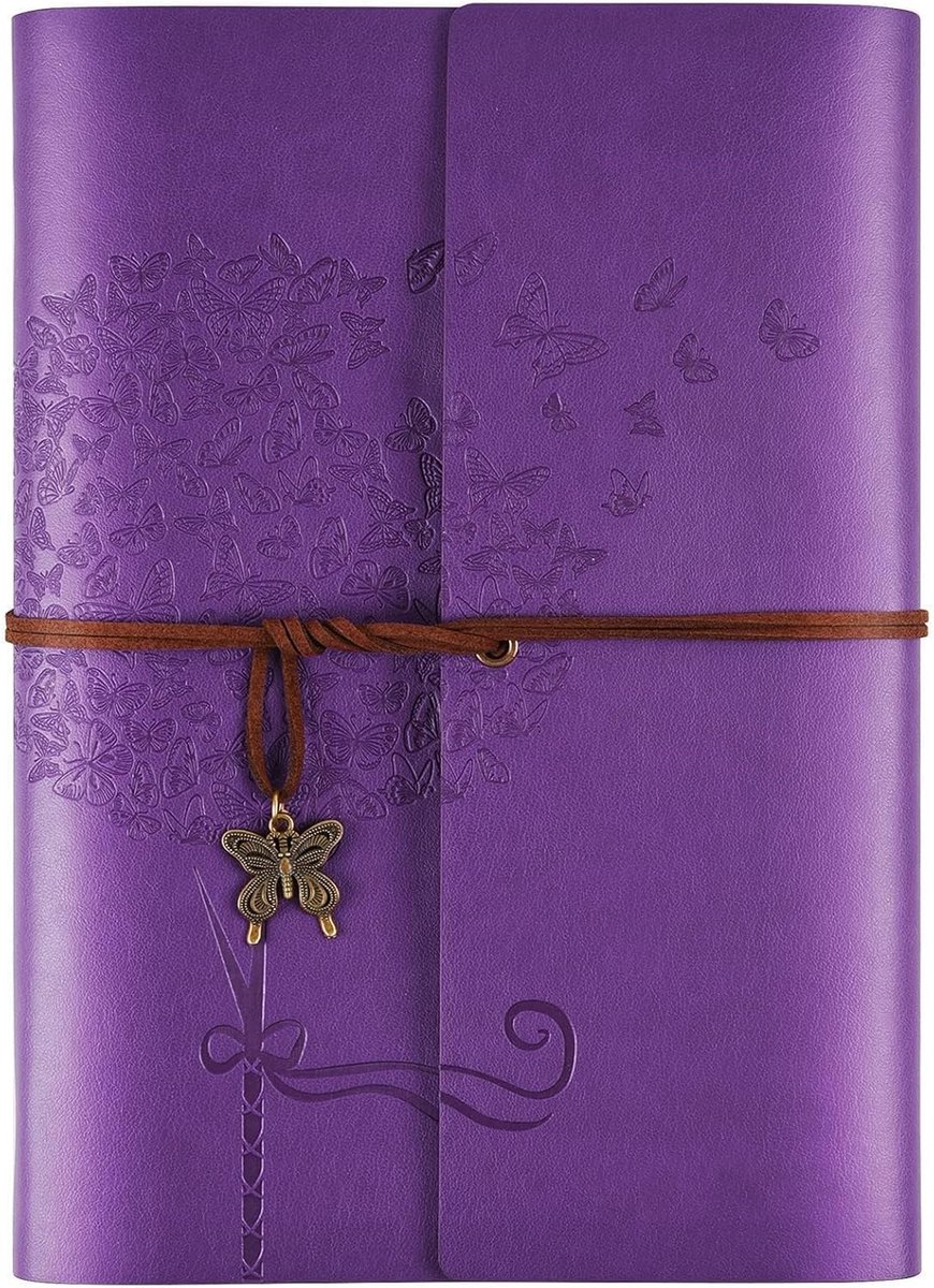 SnelShoppen - OMEYA Lederen Dagboek Refillable Notitieboek A5 met Vlinder - Lined Journal voor Vrouwen - Paarse Agenda voor Schrijven en Notities - Pe