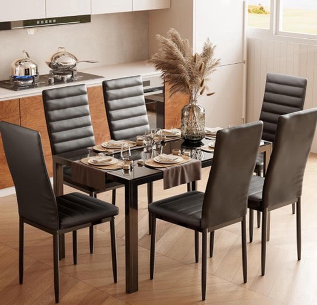 Eettafelset – Tafel En Stoelen – Dinerset – Eetkamerset – Zwarte 7-Delige Set – Gehard Gla
