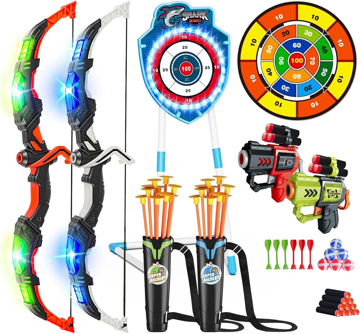 SnelShoppen - LED Boog en Pijl Set voor Kinderen 5-12 Jaar - 2 Stuks, Luminous Boog met Haai Suction Cup Doel, 73cm Dartbord, Buiten en Binnen Speelgo