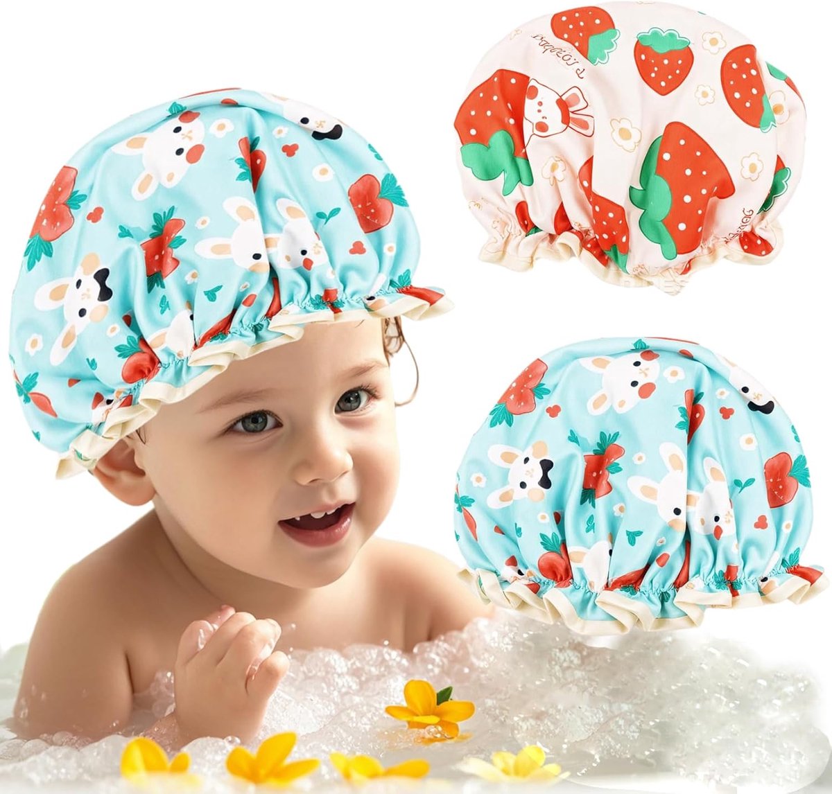 SnelShoppen - Kids Waterproof Shower Cap Set van 2 Kindvriendelijke Douchecaps met Dubbele Laag, 23 x 23 cm, Schattige Aardbei en Konijn Ontwerpen voo
