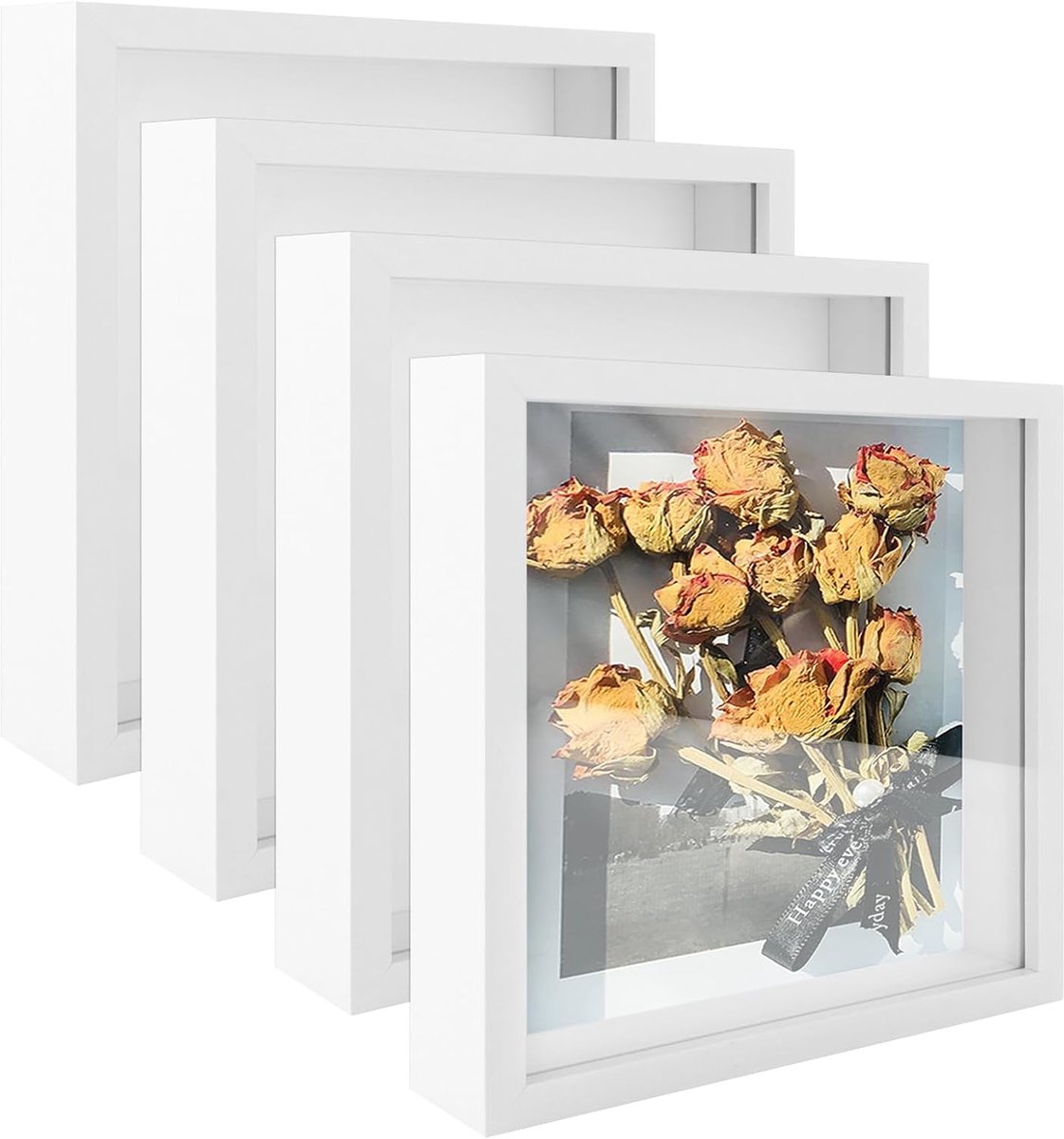 SnelShoppen - Pack van 4 3D Foto Frames 20x20 cm Wit - Diepe Fotolijsten voor Vullen met Foto's, Huwelijksboeketten, Souvenirs - Hoogwaardige MDF en P