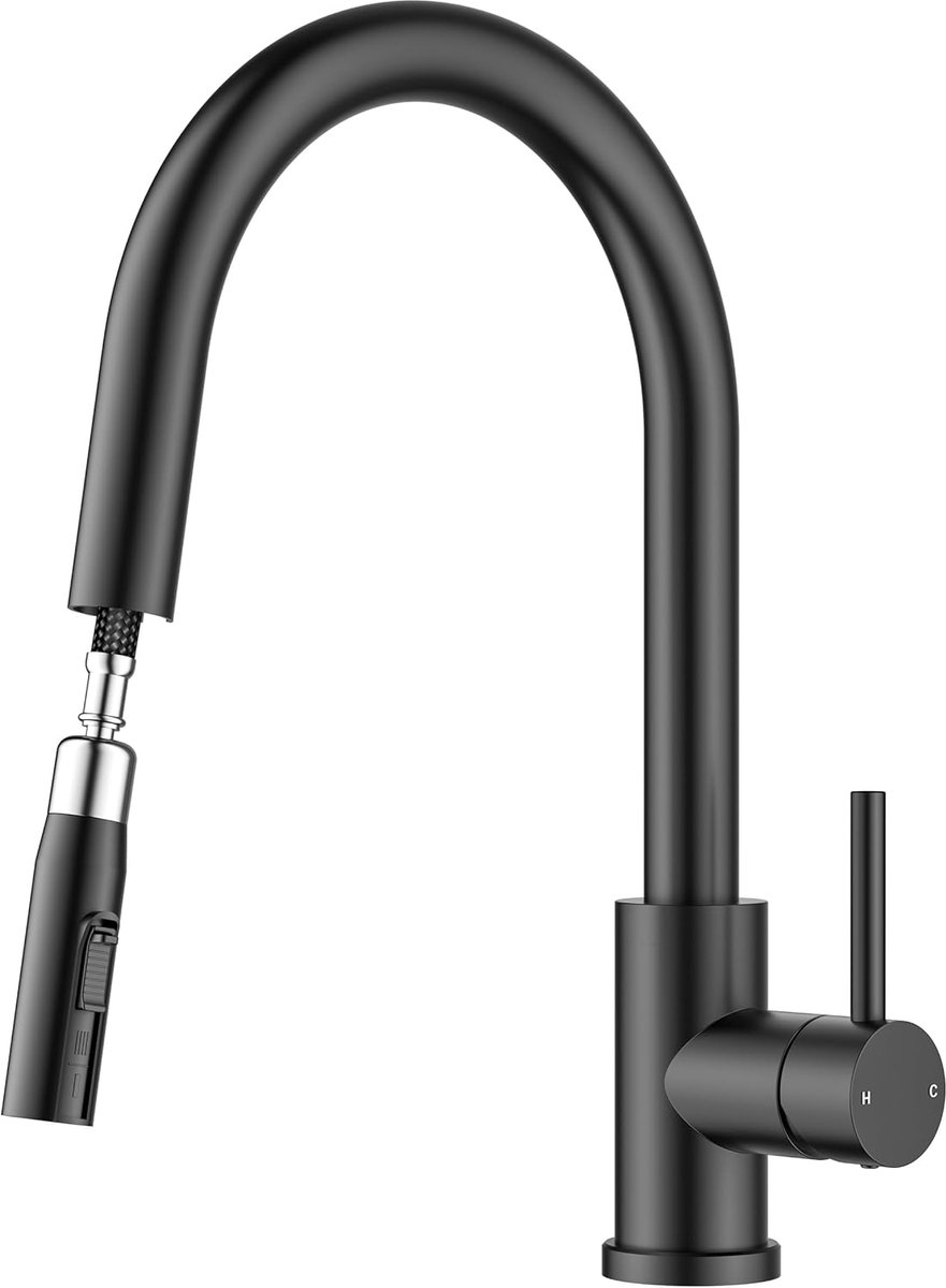 SnelShoppen - Hoge Keukenkraan - Uittrekbare Water Tap voor Keuken - 360° Draaibaar - Mat Zwart - Hoogwaardige 304 RVS - 2 Stralen - Ideaal voor Koken