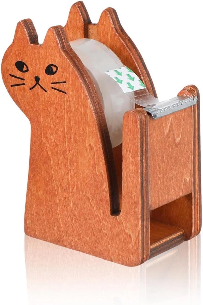 SnelShoppen - Houten Tape Dispenser Katvorm - Vintage Bruine Tape Dispenser met Tape Rol - Desk Accessoire voor Kantoor, School en Thuis