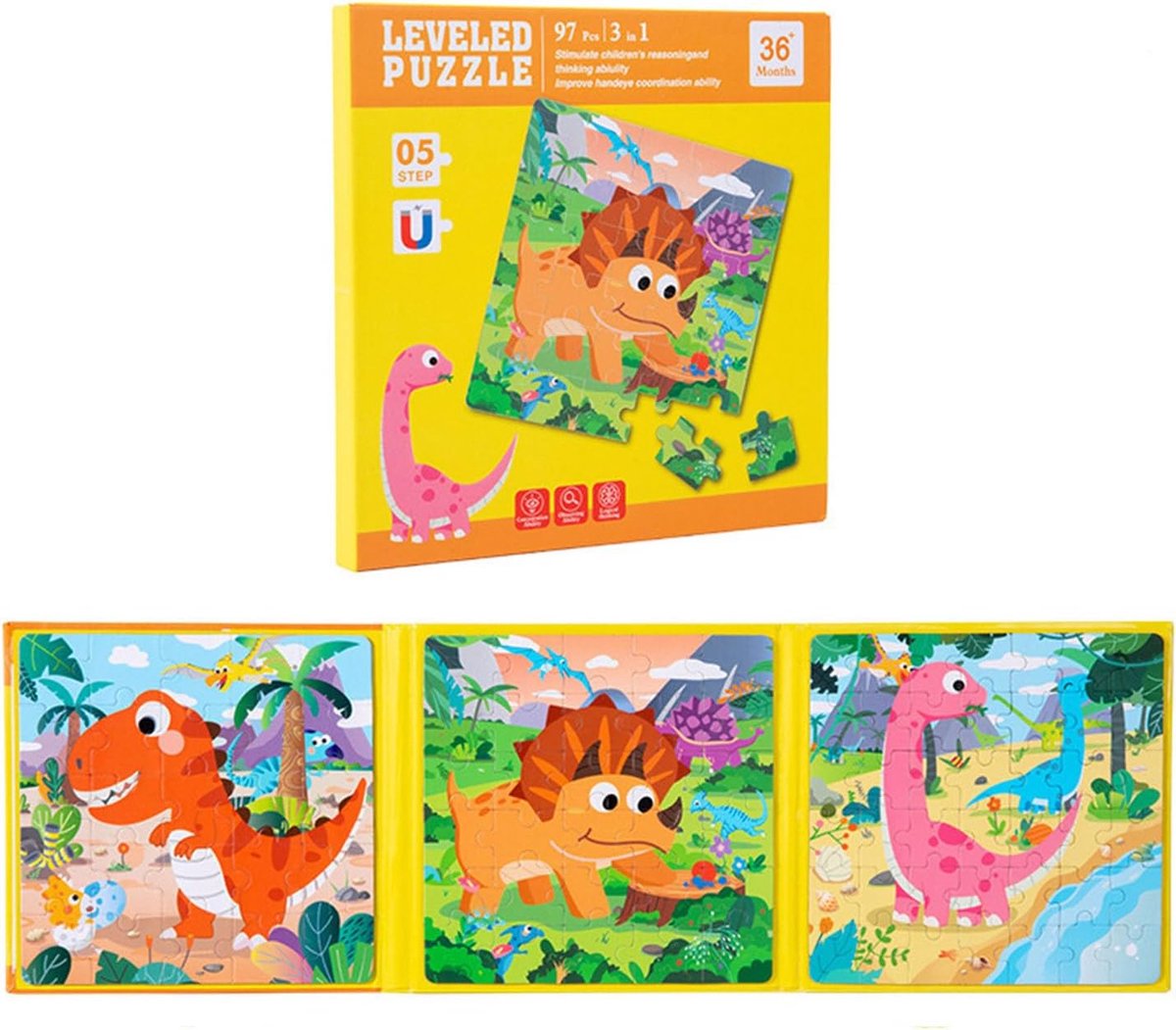 SnelShoppen - Magnetische Puzzel voor Kinderen 3-5 Jaar - 36 Stukjes Reis Speelgoed - Activiteiten voor Auto Rit - Vijf Niveaus, Dinosaurus Thema