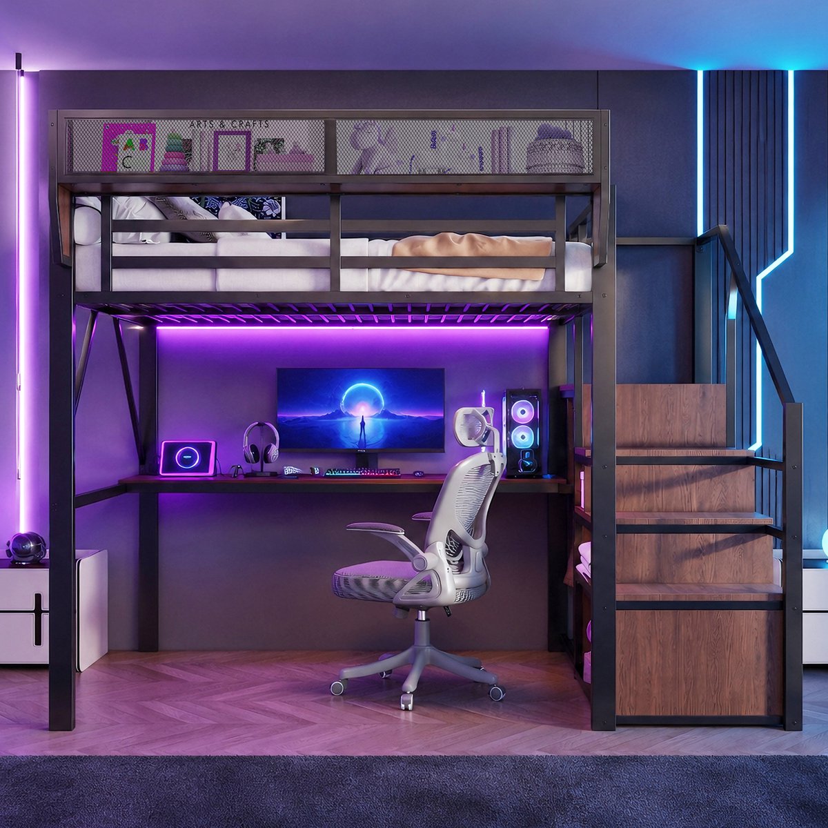 Hoogslaper 140 x 200 cm - Met Bureau, Ledverlichting en Veiligheidsladder - Met Opbergruimte - MDF en Metaal - Zwart - Zonder matras