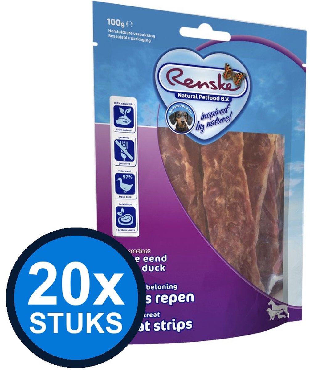 20x Renske - Gezonde beloning vleesrepen hond eend 100gr - Hondenvoer Snacks - 100 g