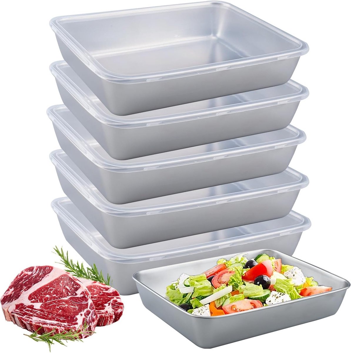 Set van 6 RVS Vleesdozen, Stapelbare Vershoudcontainers voor Voedsel, Geschikt voor Kaas,