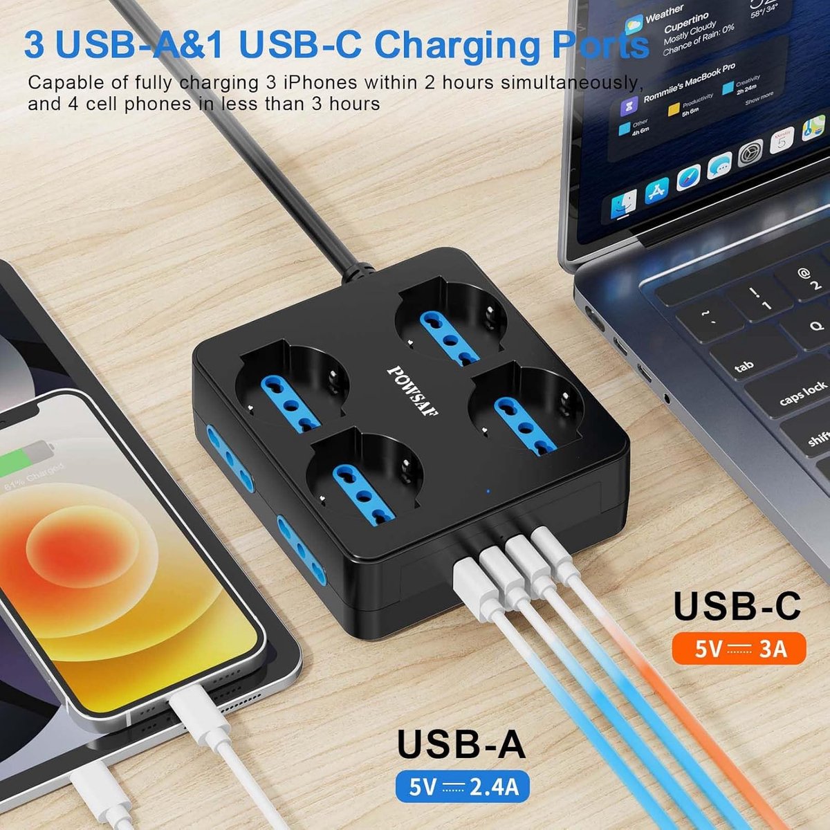 SnelShoppen - Multiple Power Strip 4 Vierkante Stopcontacten met 4 USB-poorten en Schakelaar, Compacte Stekkerdoos voor Thuis en Kantoor, Zwart