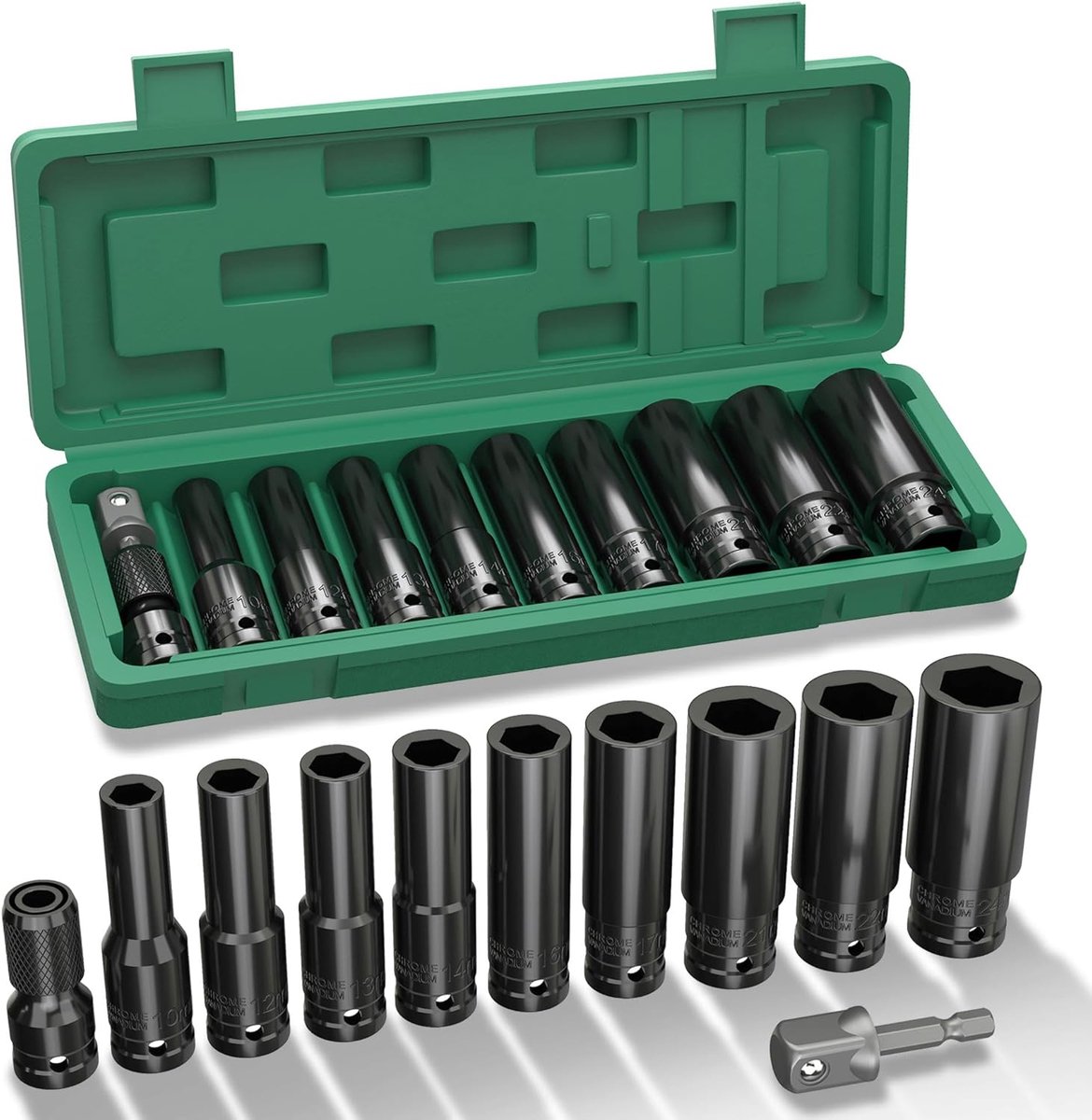 SnelShoppen - 11-delig impact moersleutel set 1/2 inch, 10-24 mm, inclusief 2 plug adapters 1/4 inch voor auto reparaties en bandenwissel