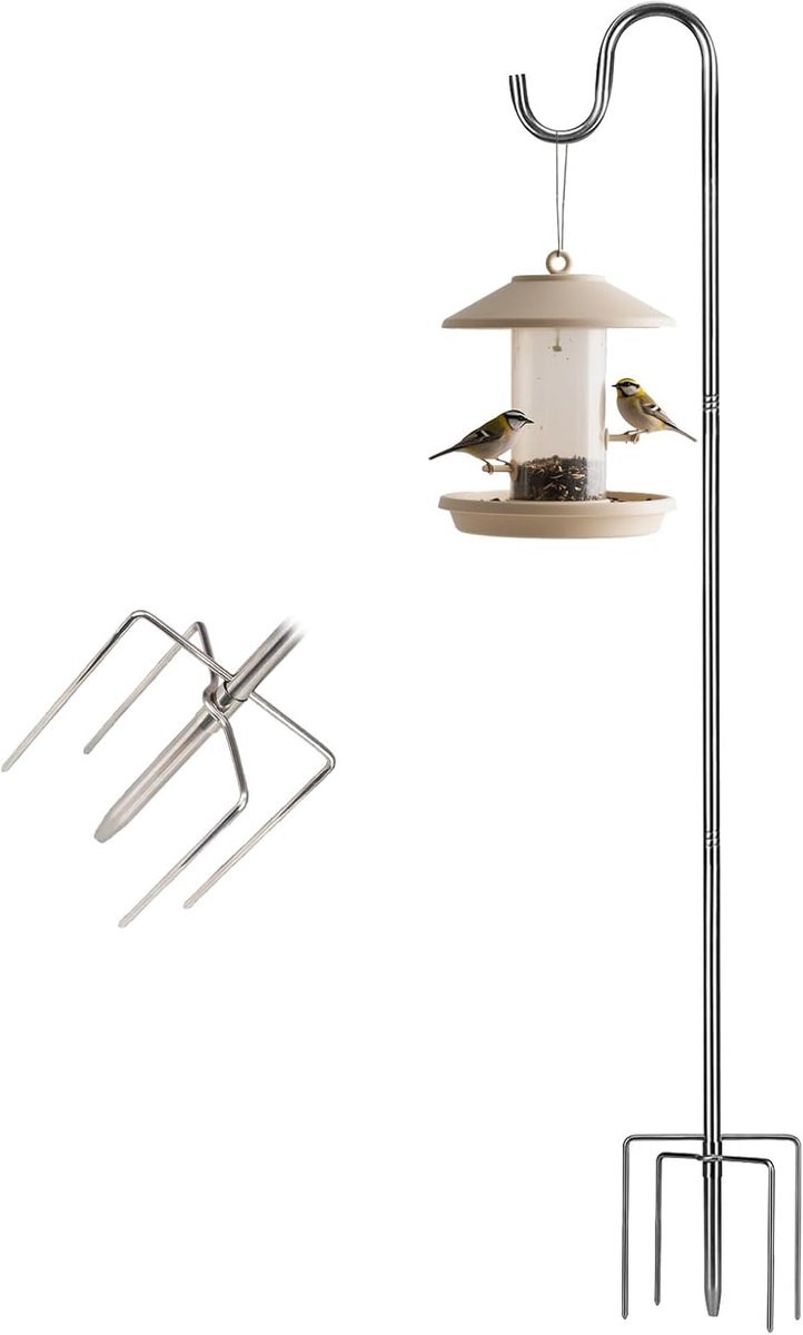 SnelShoppen - Shepherd Hook 195 cm - Verstelbare Zilveren Vogelvoederstandaard met 5 Tanden - Weerbestendige Metalen Haak voor Tuin, Windgong, Lantaar