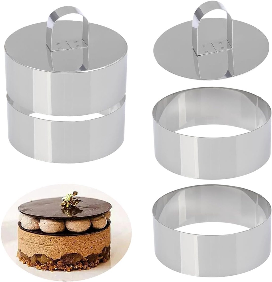 SnelShoppen - 4pcs 10cm Kleine Cake Ringen & 2pcs RVS Deksel Bakset - Taart Ringen Set voor Desserts & Gebak - Cake Mallen voor Feest, Keuken en Bakpl