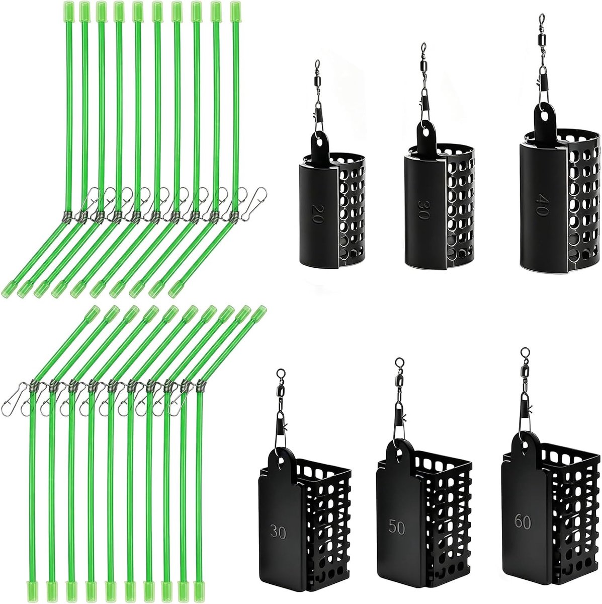 SnelShoppen - 26 stuks Voedermanden voor Vissen - Anti-Tangle Feederaccessoires 20/30/40/50/60g - Geschikt voor Zee en Zoetwatervissen - 20 cm