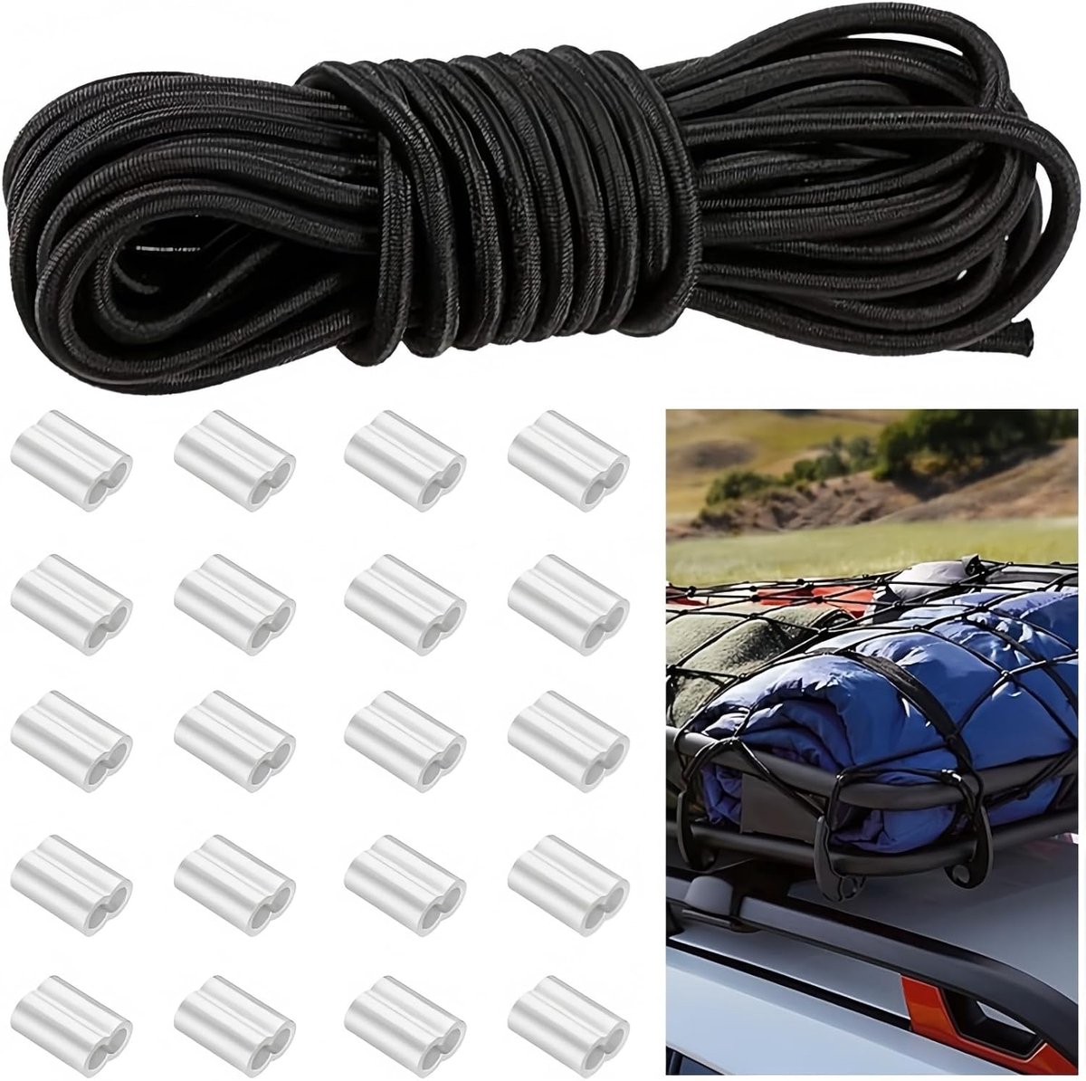 SnelShoppen - Rubber Cord 6 mm x 10 m - Elastische Rubber Rope met 20 Aluminium Strangle Clamps - Tension Strap voor Trailer Tarpaulin, Tent en Tuin