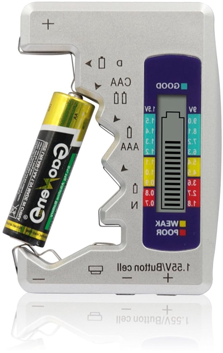Digitale Batterijtester met LCD Scherm voor 1.5V en 9V Batterijen - Compact en Gebruiksvriendelijk voor AA, AAA, C, D en Knopcel Batterijen