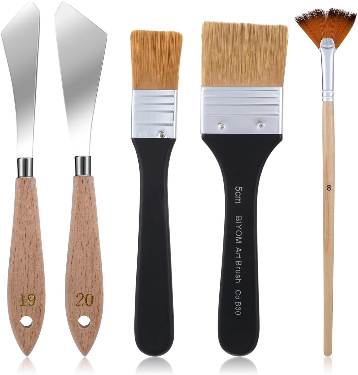 SnelShoppen - Set van 5 Verfmessen en Penselen voor Kunstenaars, Roestvrij Staal, Bodemmixer, Platte Kwast en Waaier, 5 cm en 2,5 cm, Perfect voor Sch