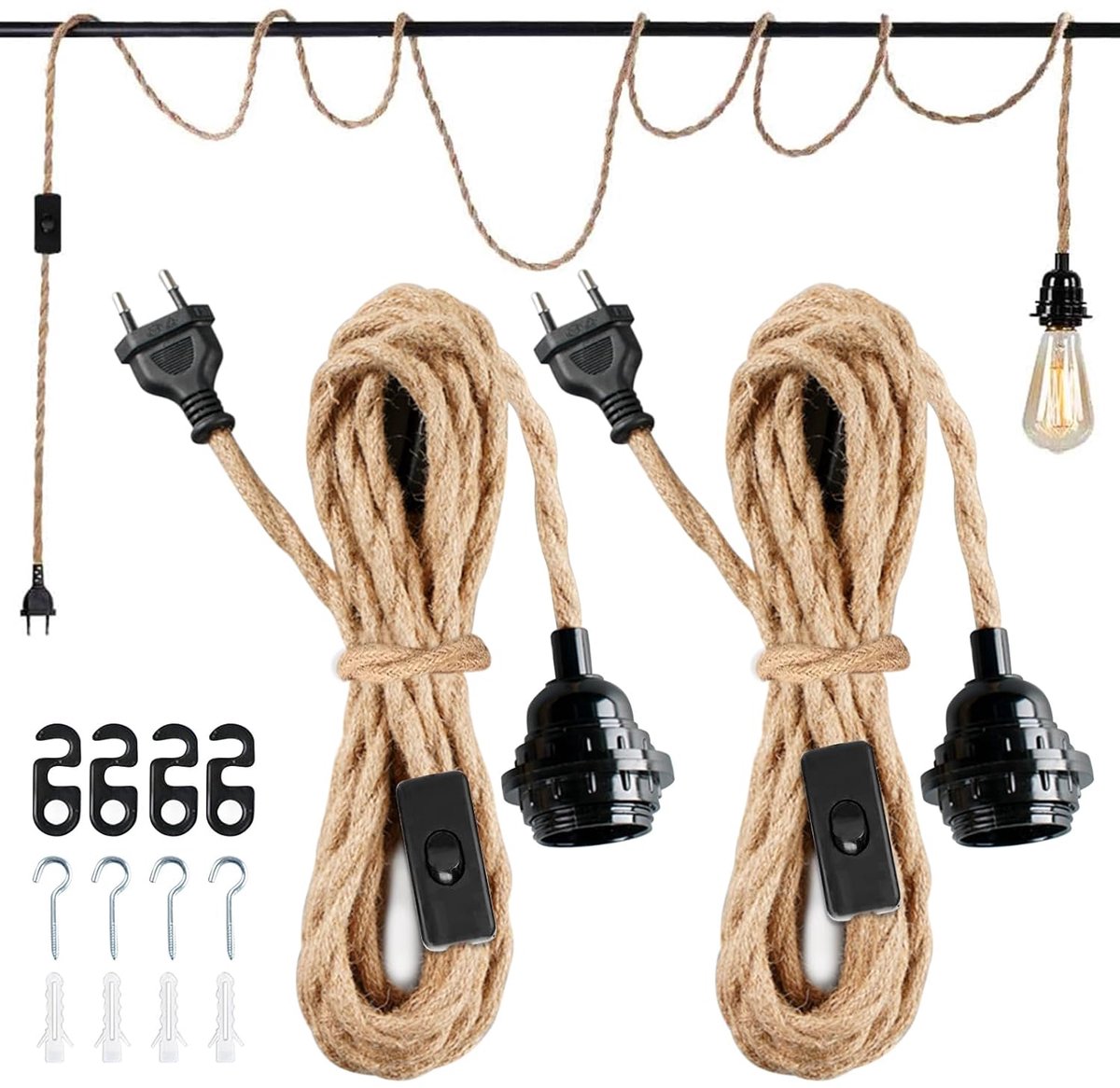 SnelShoppen - 2x E27 Lamphouder met Vintage 4,5m Gevlochten Henneptouw Kabel & Schakelaar voor Doe-Het-Zelf Kroonluchter, Keuken, Kelder, Loftmagazijn